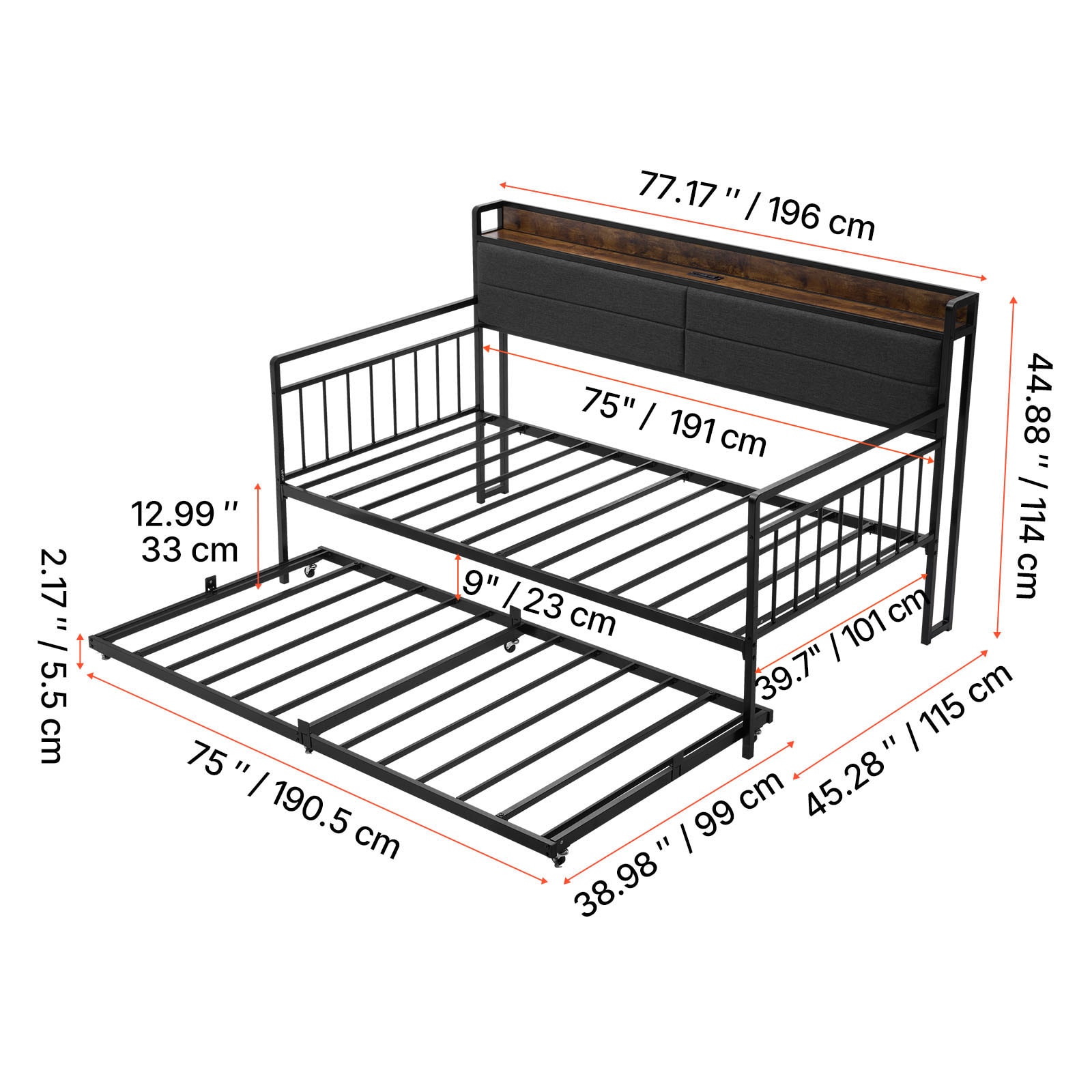 Metal Daybed Frame With Trundle And Charging Station Bed_voghion.com
